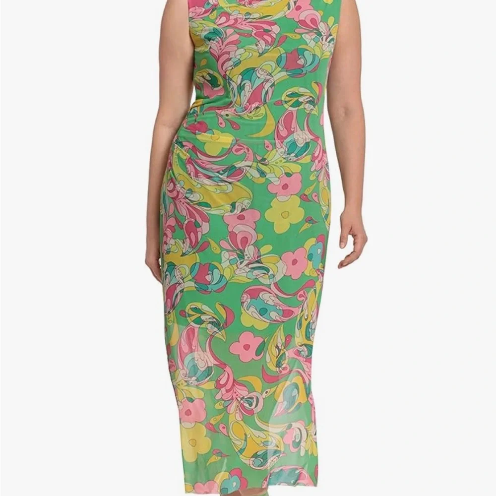 Donna Morgan multicolor green paisley floral pleat shirred overlay Dress size 20 - Picture 1 of 14